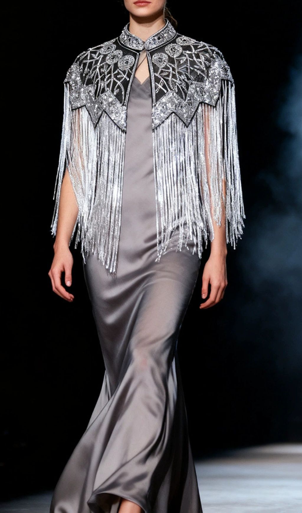 Idana Glamorous Silver Beaded Fringed Shawl