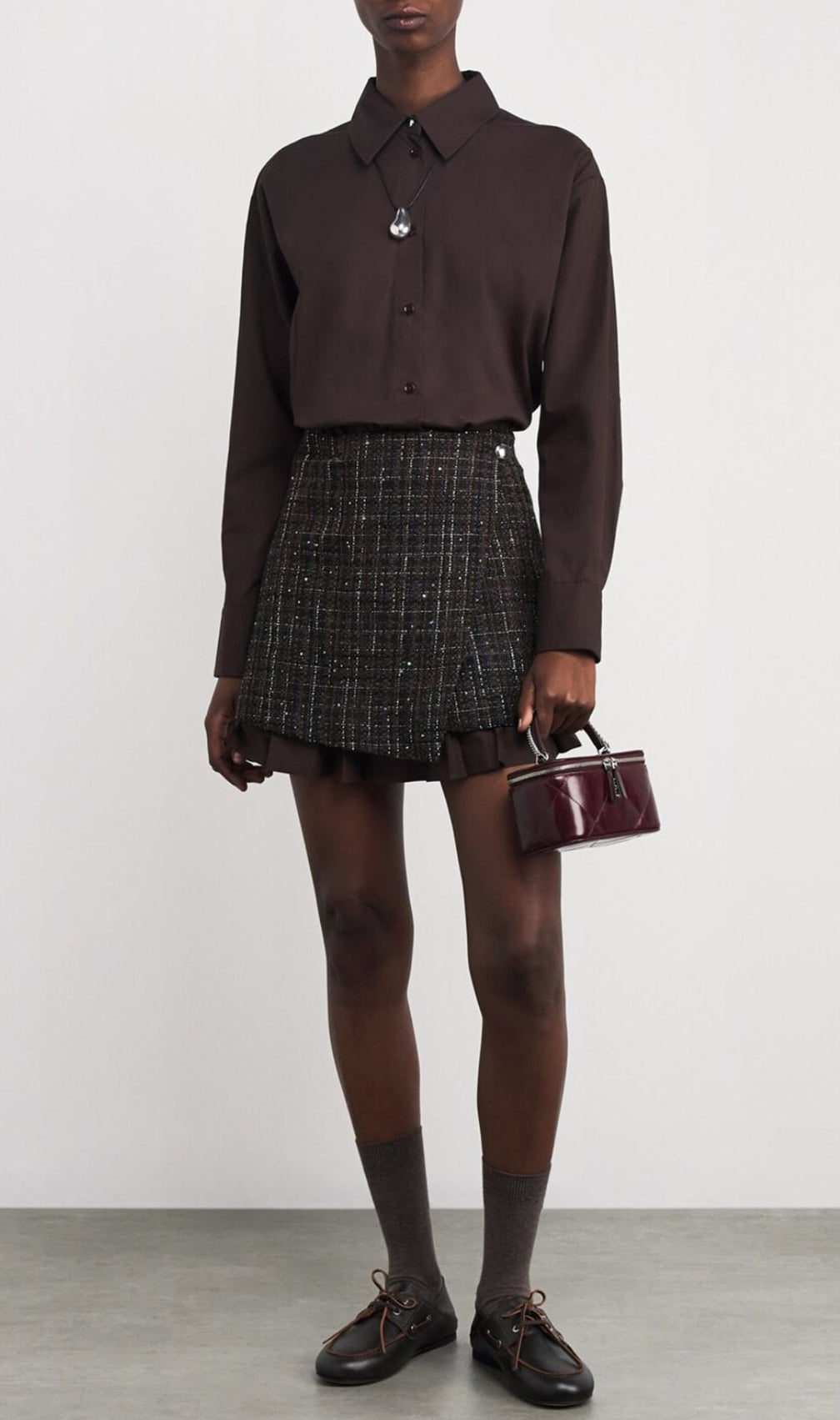 Chic Tweed Asymmetrical Mini Shirtdress | Layered Ruffle Design