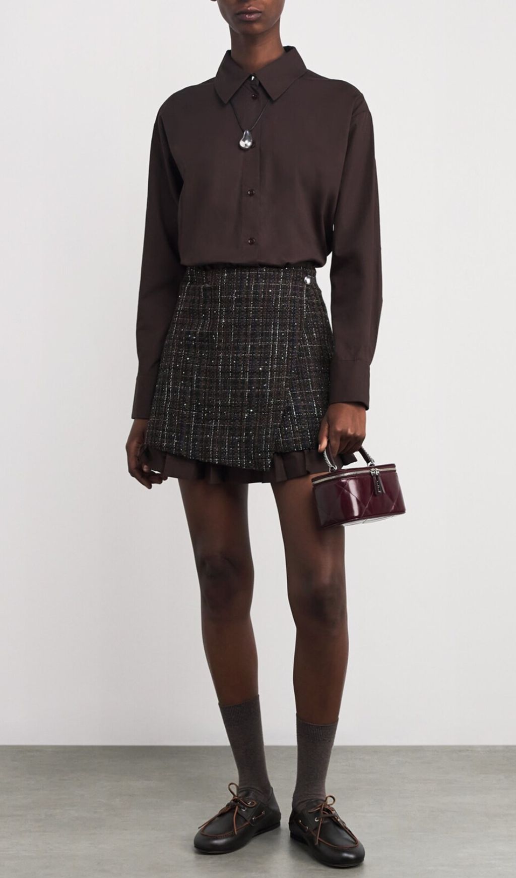 Chic Tweed Asymmetrical Mini Shirtdress | Layered Ruffle Design