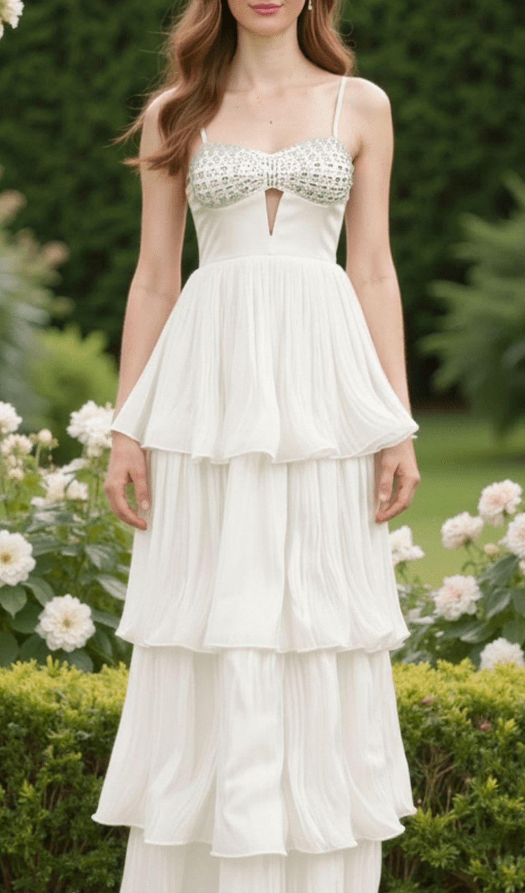 Katherina White Diamante Strappy Tiered Maxi Dress - Ethereal Bridal Elegance
