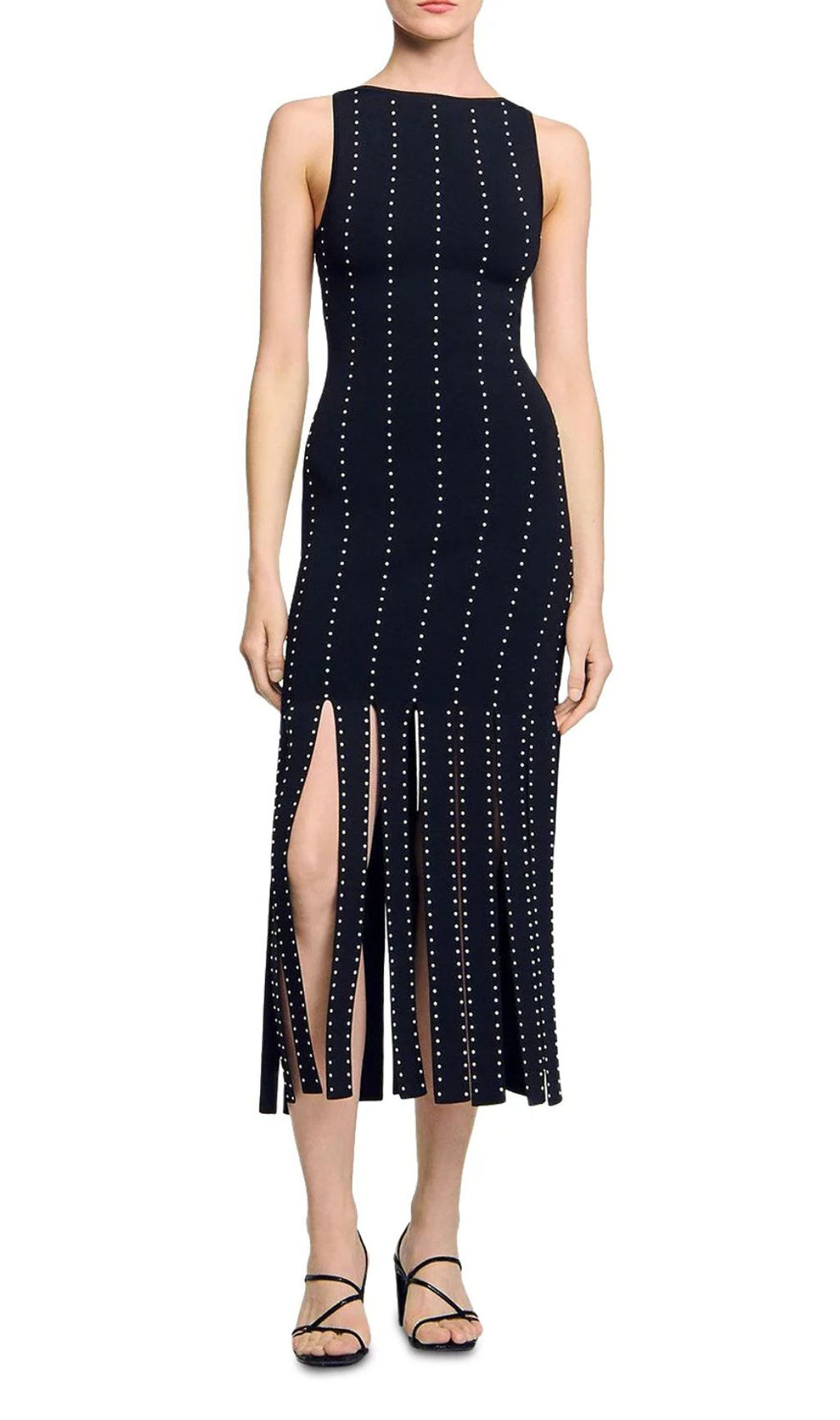 Glamorous Black Studded Fringe Bodycon Midi Dress | Sleeveless & Chic