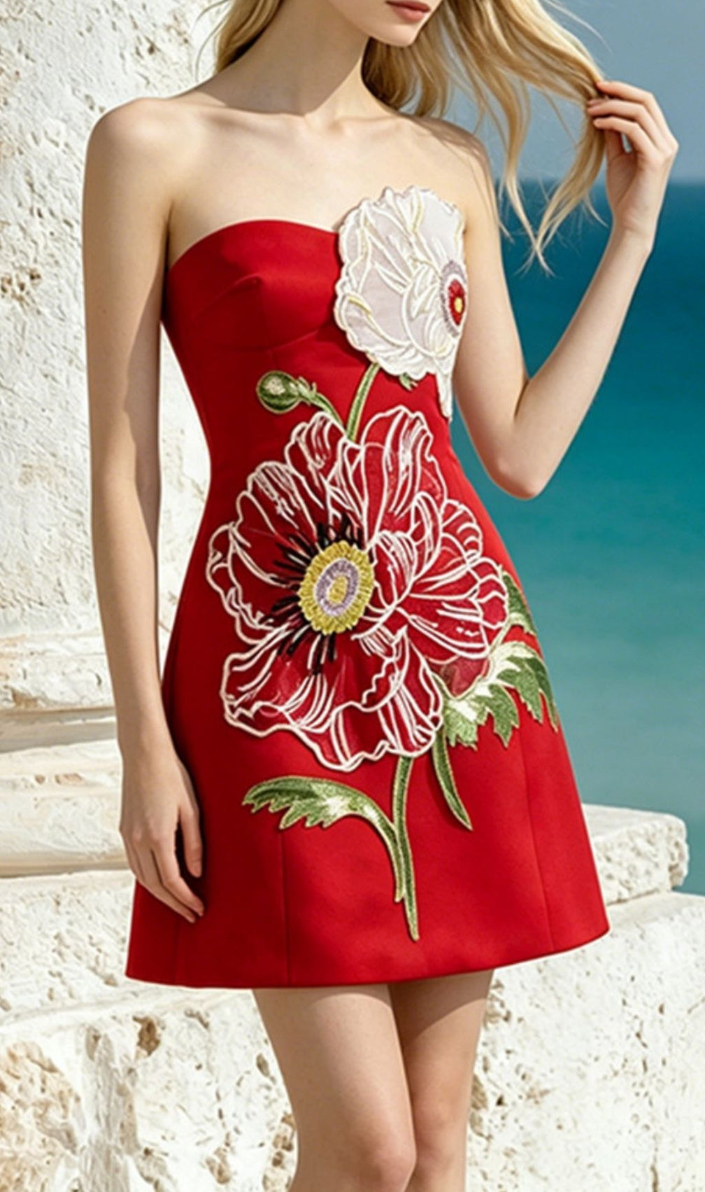 Lailah Red Strapless Flower Mini Dress