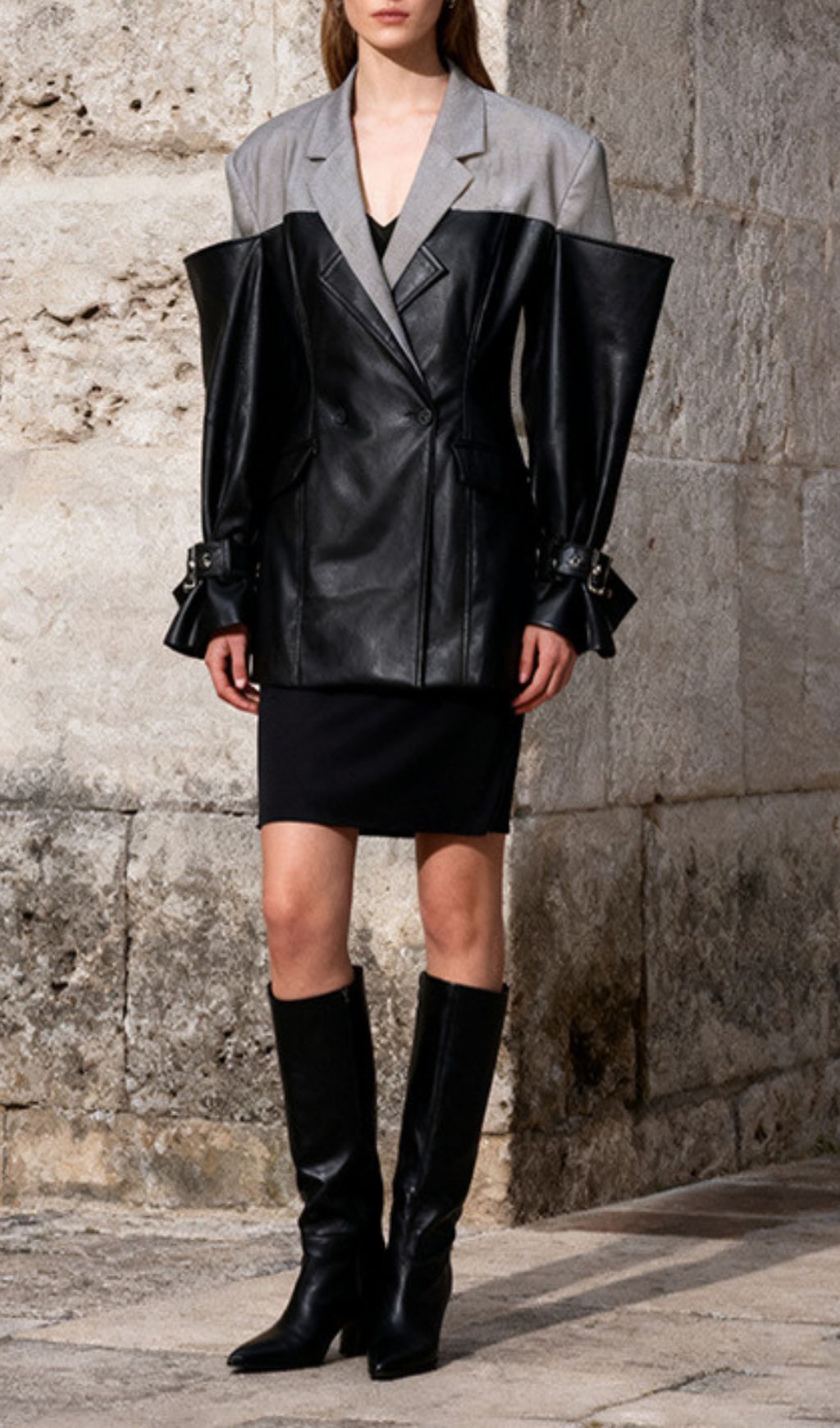 Ianthe Two-Tone Edgy PU Leather Statement Blazer Jacket for Women