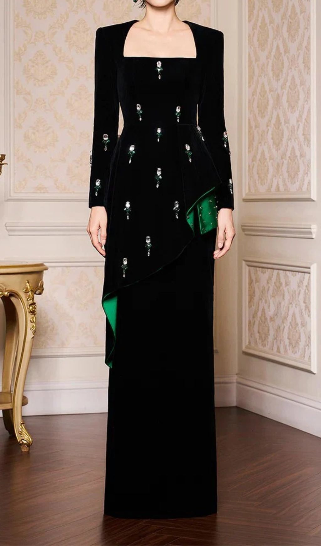Hedya Black Velvet & Emerald Crystal Statement Maxi Gown | Long Sleeve Evening Dress