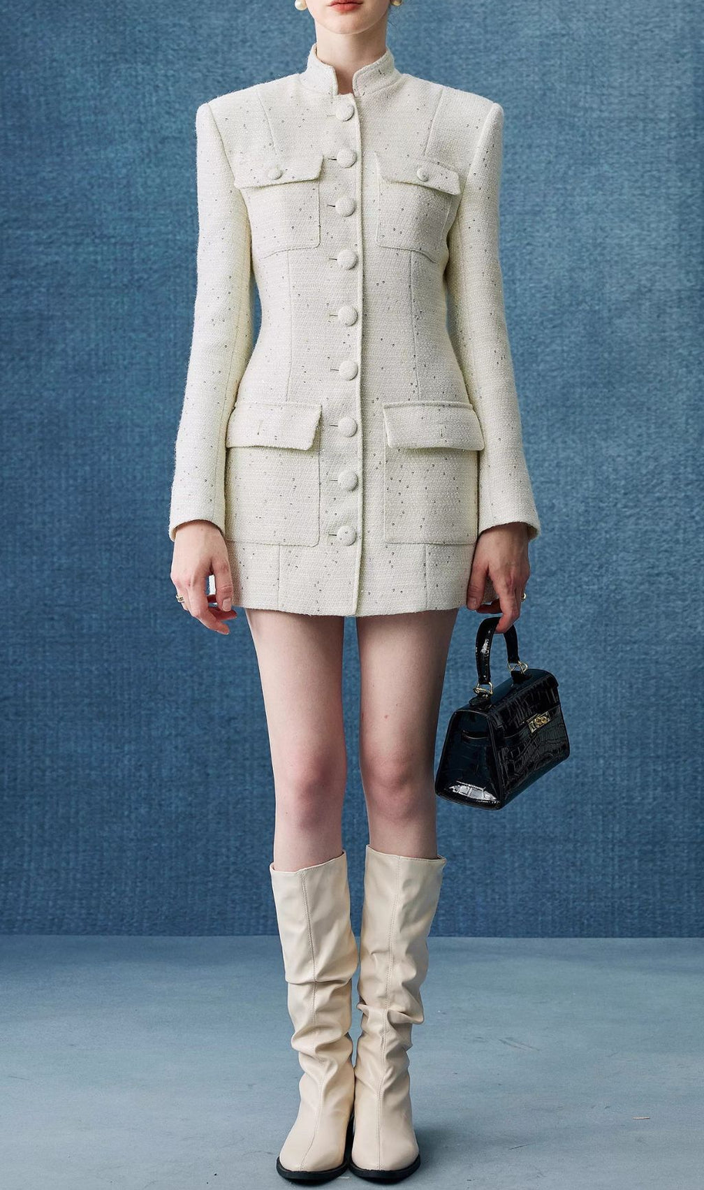 Elegant White Tweed Mini Dress | Long Sleeve Button-Front Style