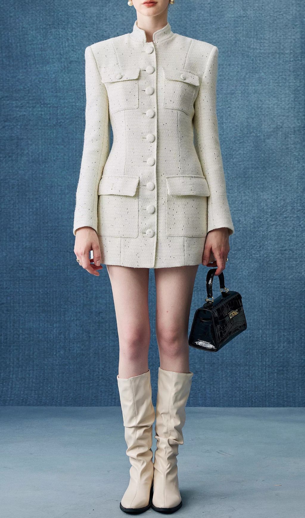 Elegant White Tweed Mini Dress | Long Sleeve Button-Front Style