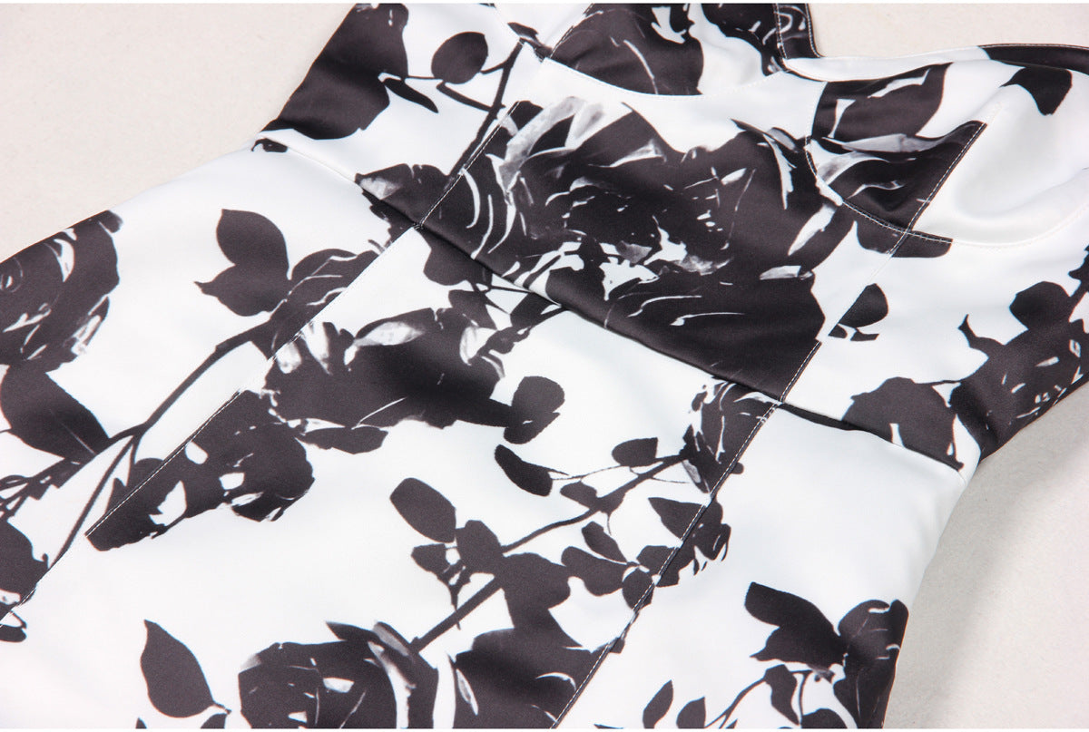 Katsuye Chic Black & White Rose Print Halter Mini Dress
