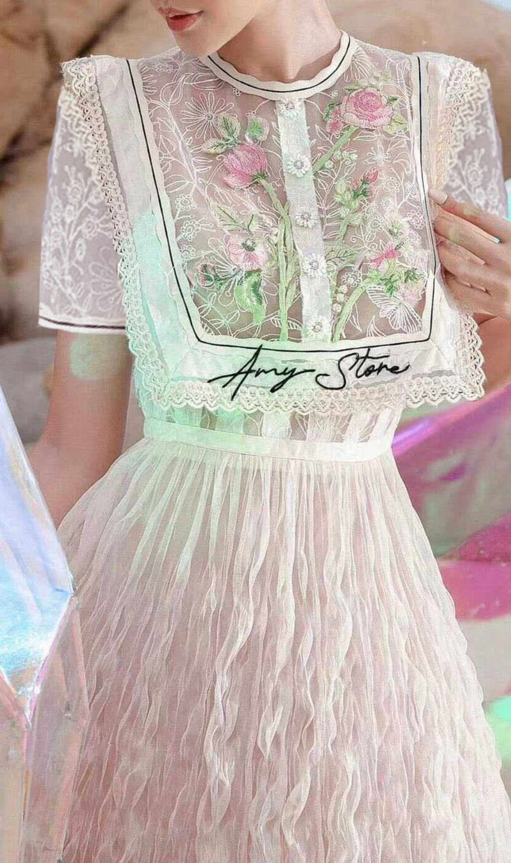 Carolie Flower Embroidery Midi Dress