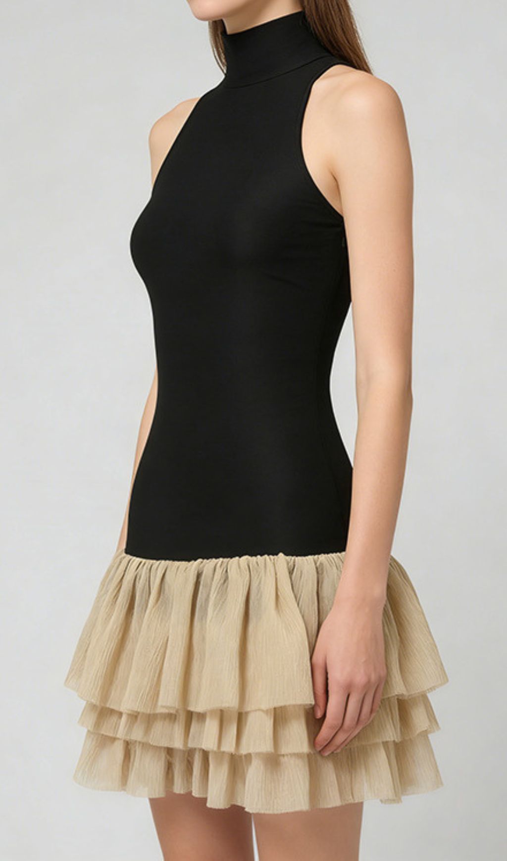 Jacarra Chic Black Halter Turtleneck Ruffle Tiered Mini Dress