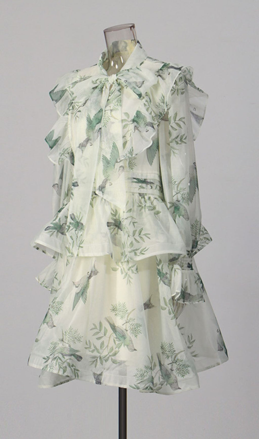 Kaela Chic Whimsical Bird Print Ruffle Long Sleeve Mini Dress