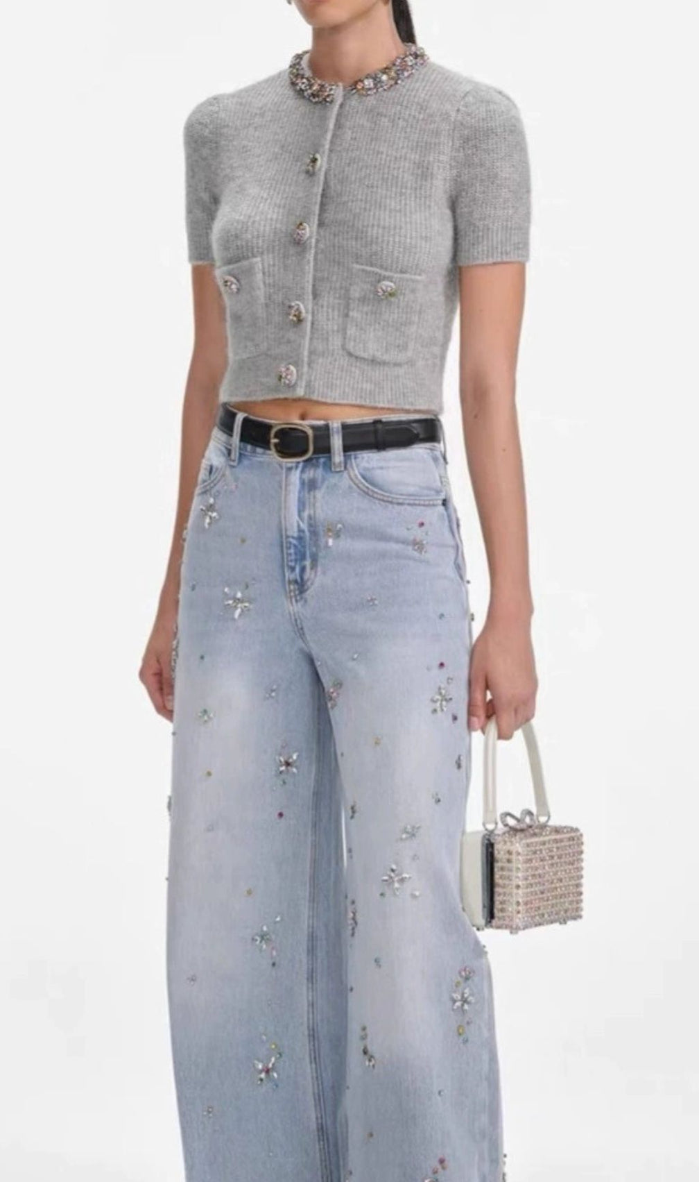 Henrike Luxe Grey Embellished Knit Top - Sparkling Short Sleeve Style