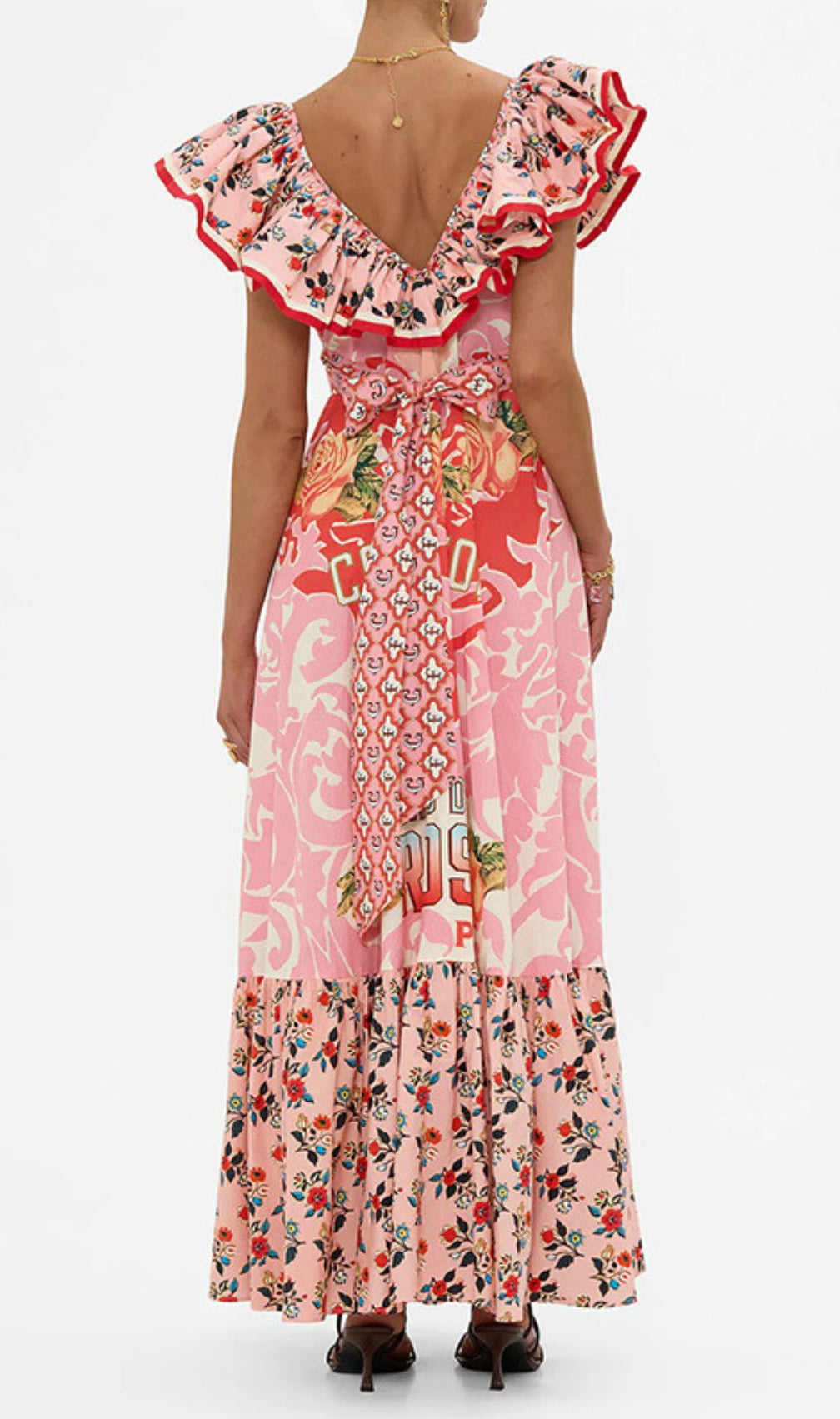 Irina Chic Pink Floral V-Neck Maxi Dress - Bohemian Tiered Print