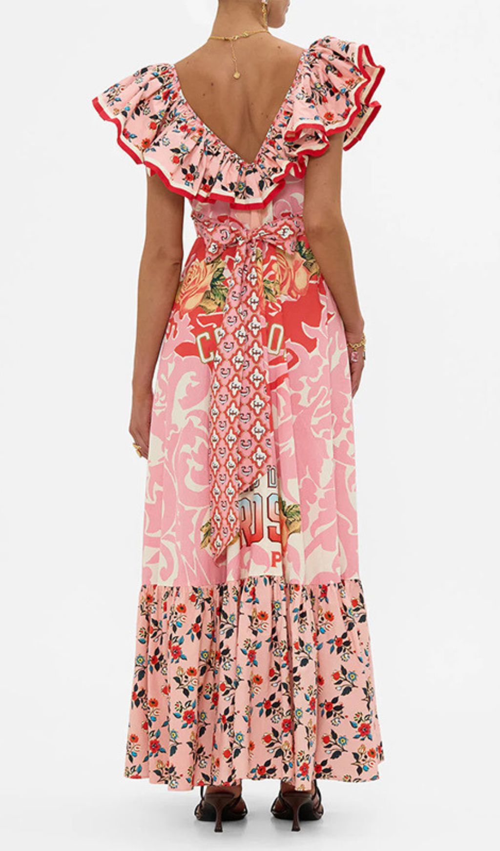 Irina Chic Pink Floral V-Neck Maxi Dress - Bohemian Tiered Print