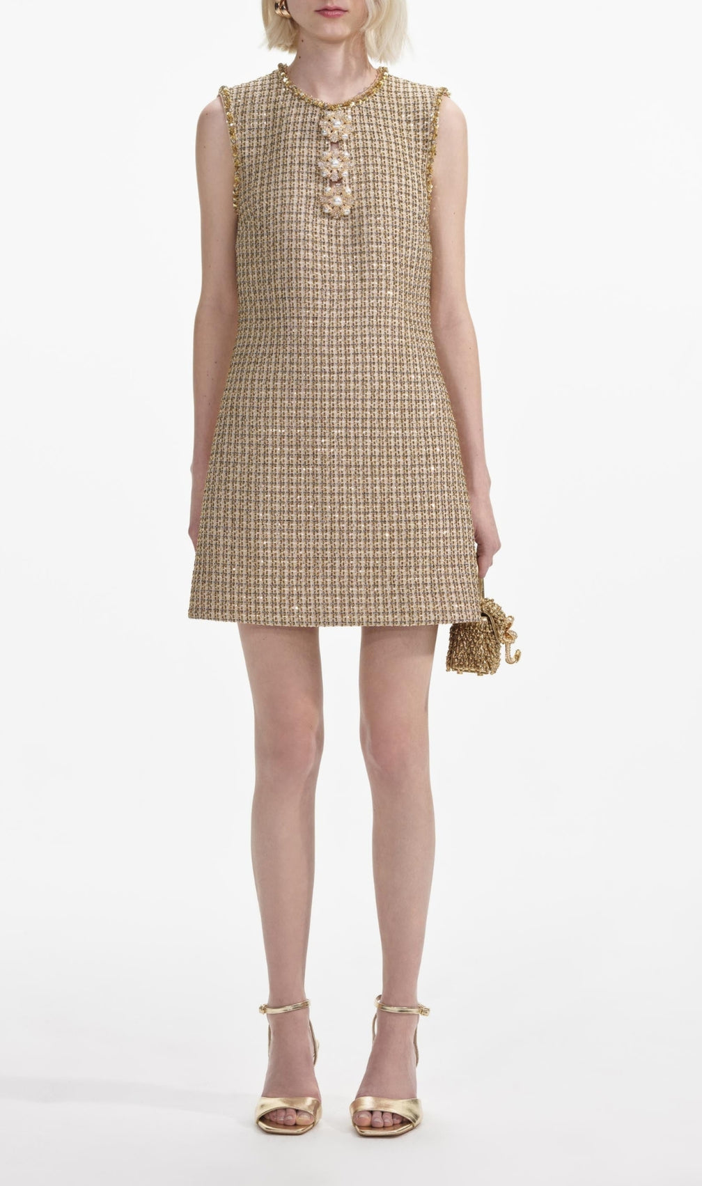 Brendy Gold Boucle Embellished Mini Dress