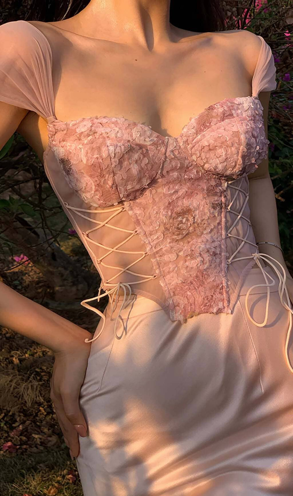 Floral Embroidery Lace Up Corset Top