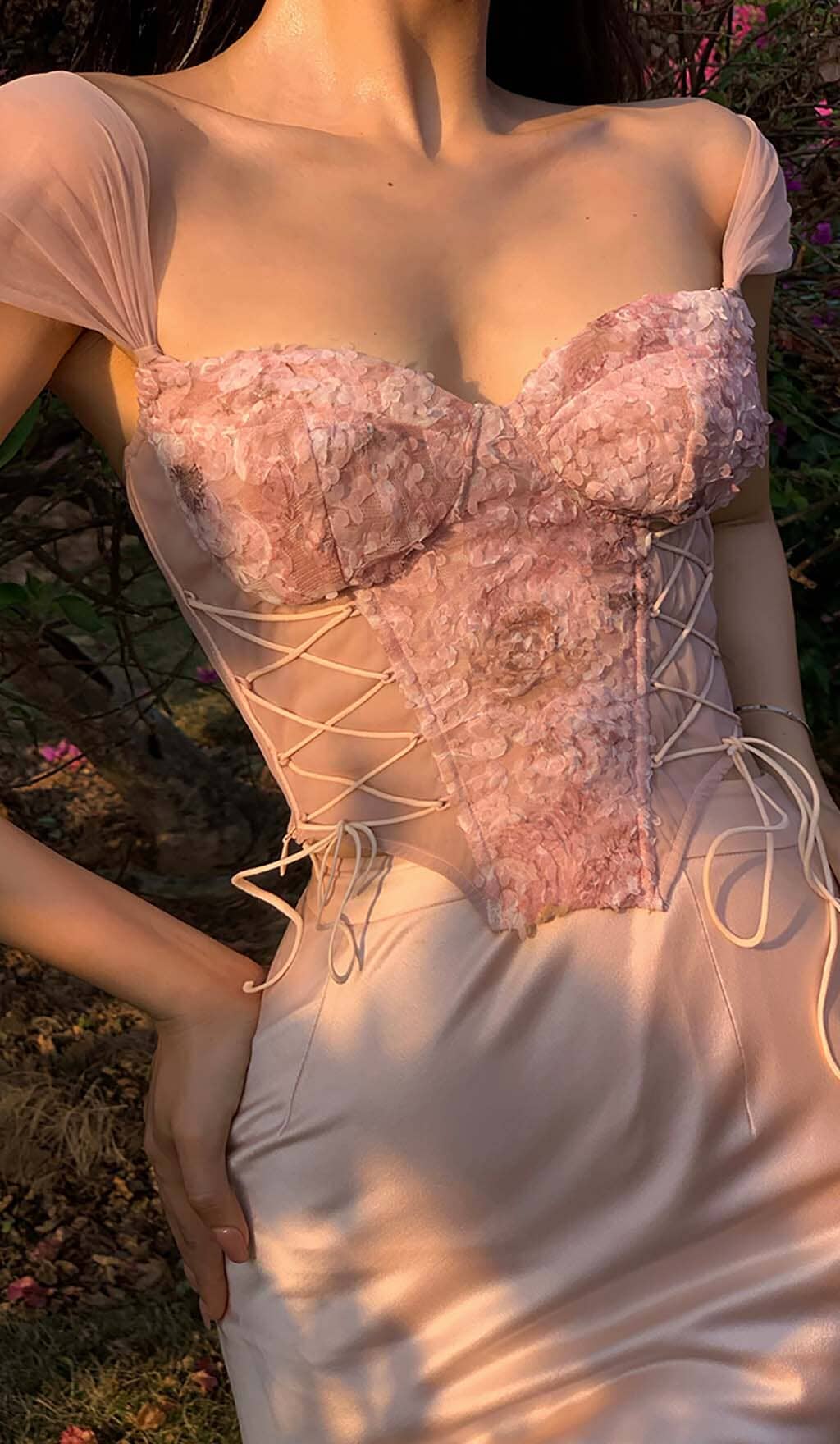 Floral Embroidery Lace Up Corset Top