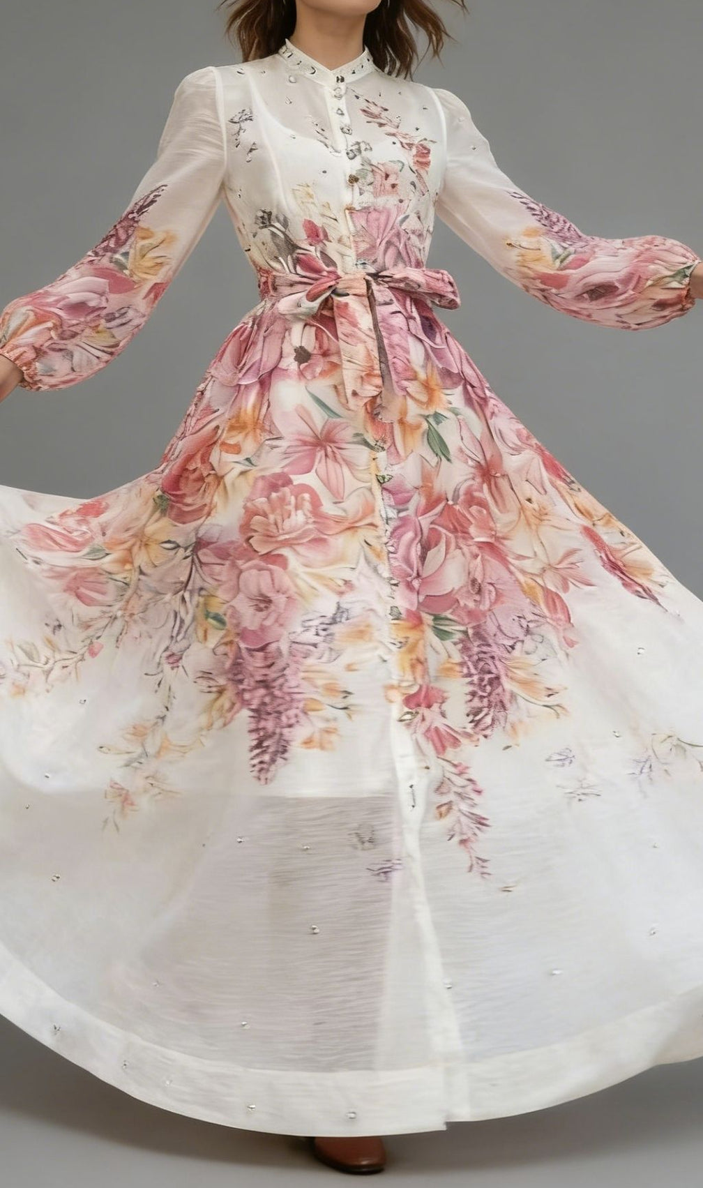 Karishma Floral Maxi Dress | Elegant Long Sleeve Tie-Waist Gown