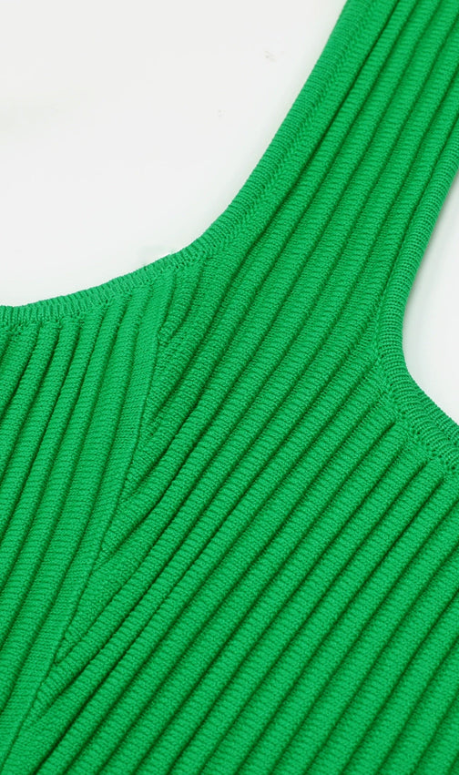 Kimiye Effortless Chic Green Ribbed Knit Mini Dress | Square Neck Sleeveless