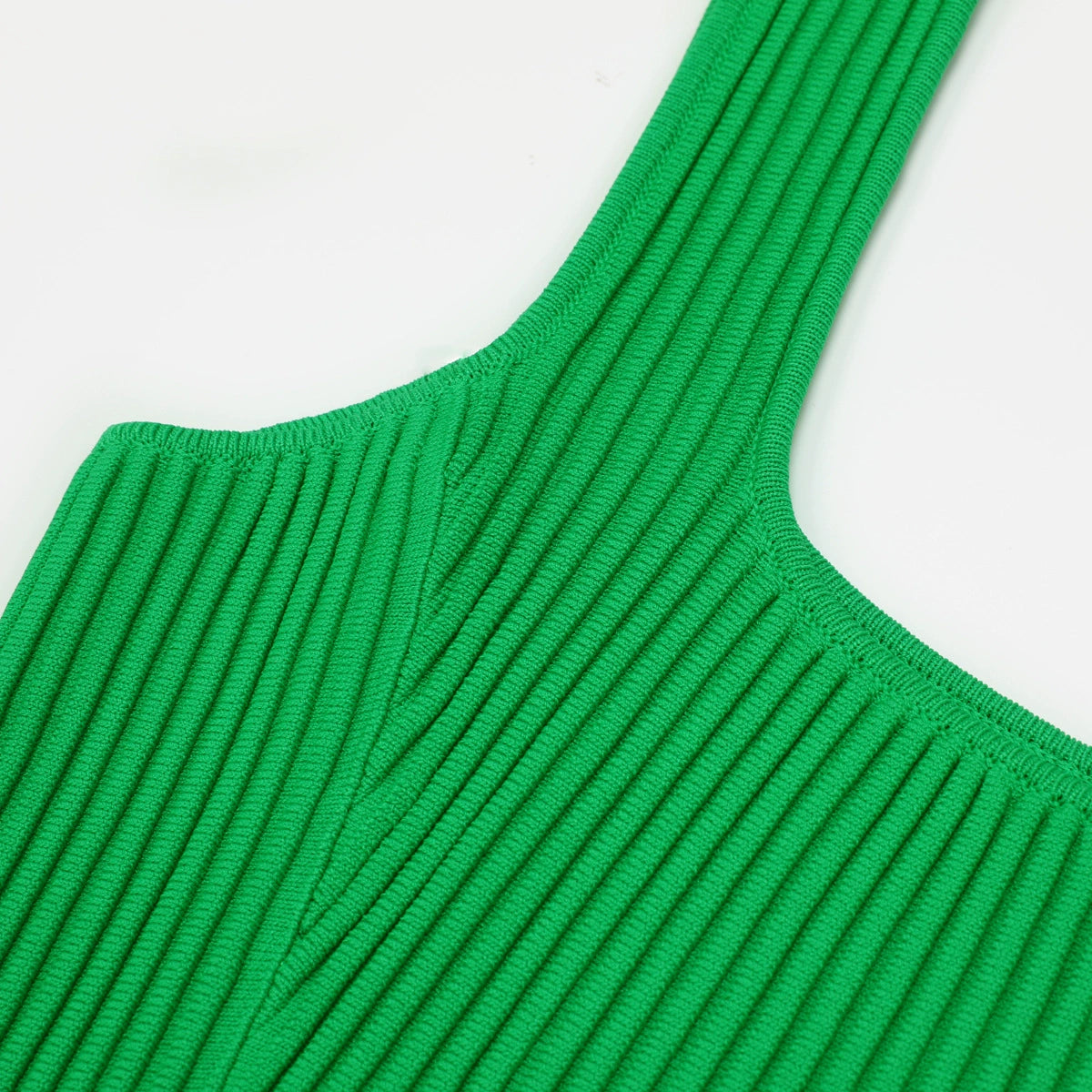 Kimiye Effortless Chic Green Ribbed Knit Mini Dress | Square Neck Sleeveless