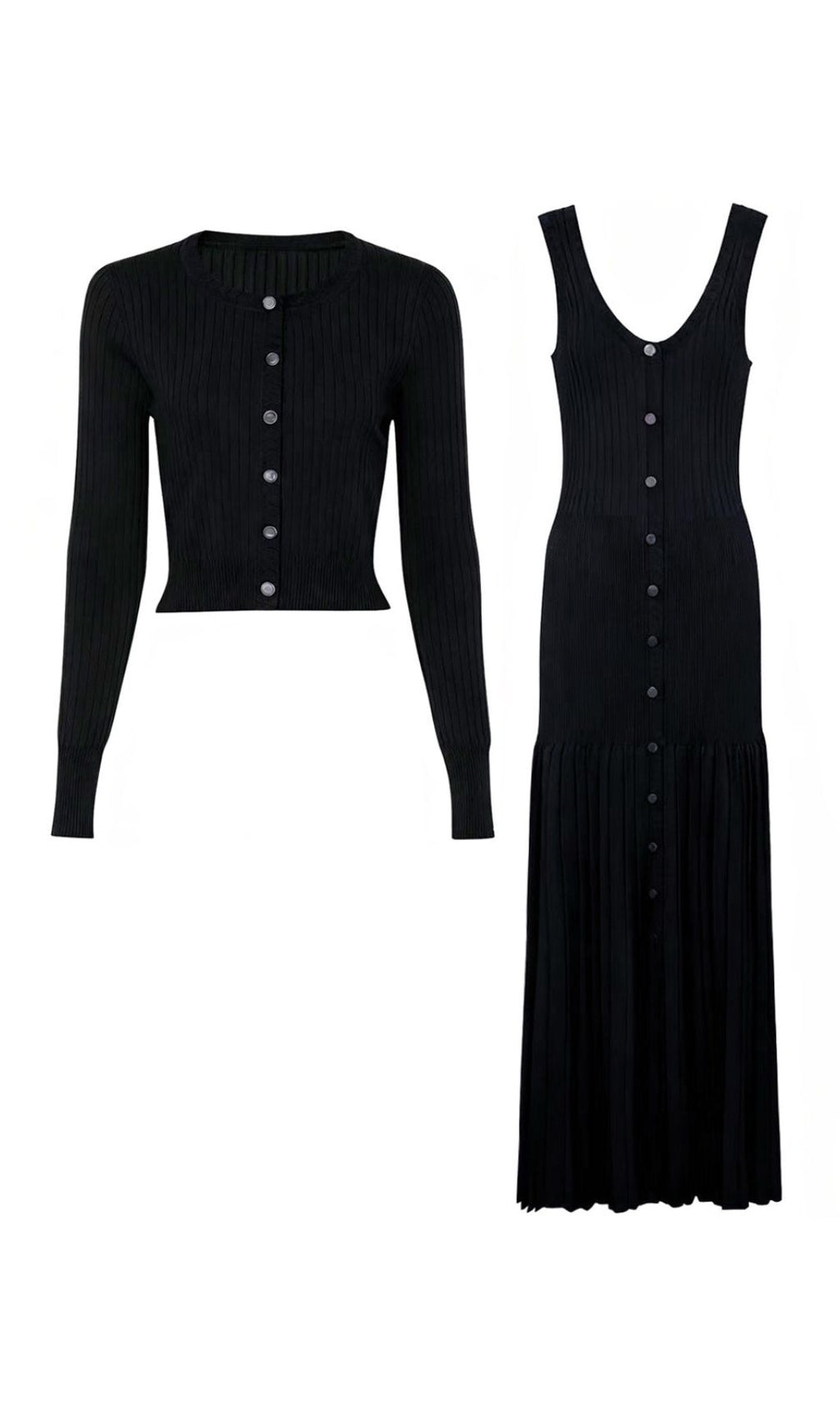 Jackie Black Ribbed Knit Maxi Dress & Cardigan Set - Effortless 2-Piece Style