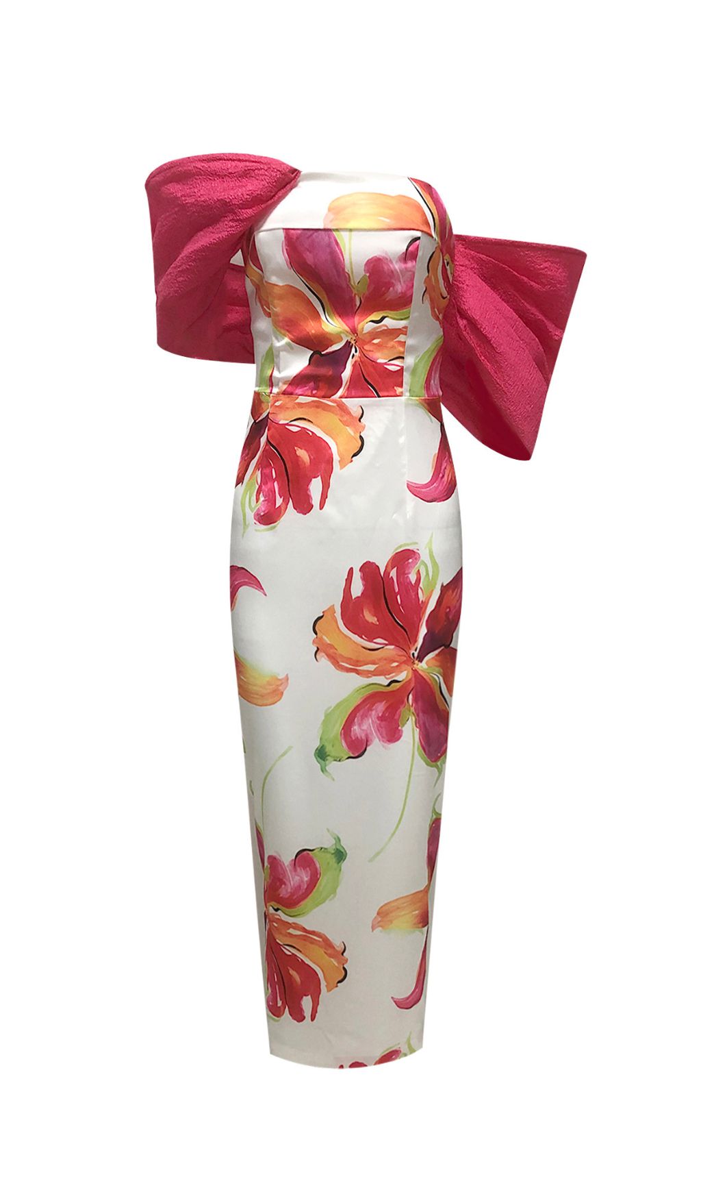 Aldrich Floral Off-Shoulder Midi Dress | Dramatic Pink Ruffle Sleeves