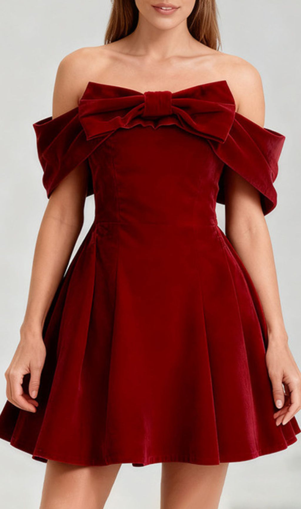 Isthia Luxe Velvet Off-Shoulder Mini Dress with Statement Bow