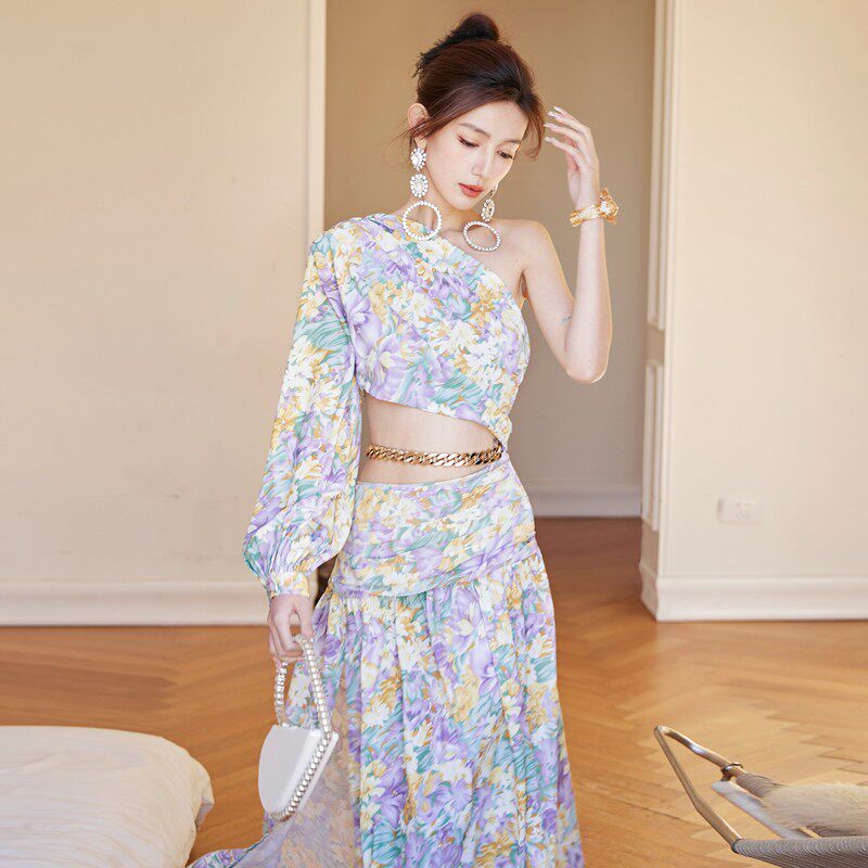 Dolores French Floral One-Shoulder Cutout Maxi Dress with High Slit – Elegant Summer Style