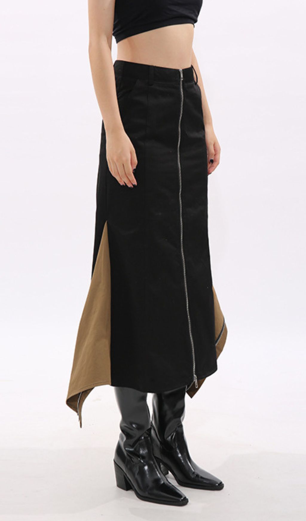 Idonia Two-Tone Zipper-Front Midi Skirt - Modern Black Chic
