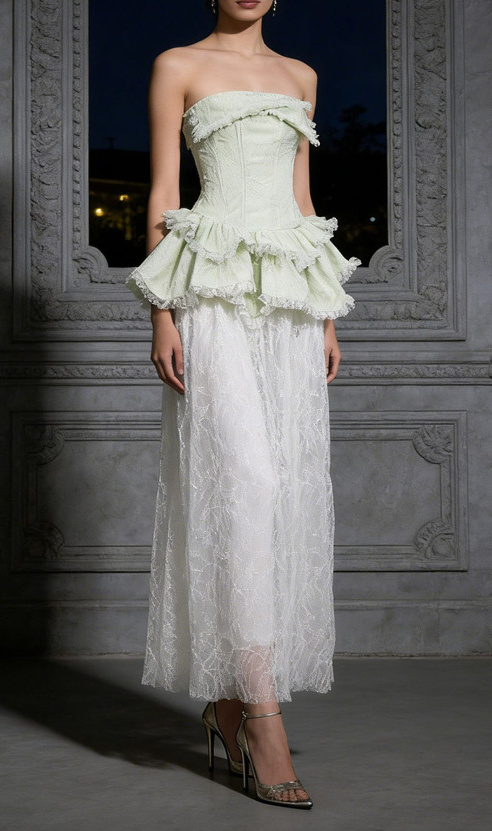 Jenis Sage Green Strapless Corset Peplum Lace Maxi Dress