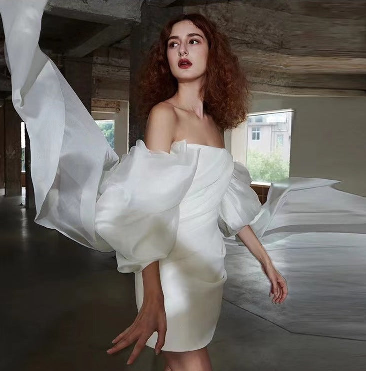 White Puff Sleeve Strapless Mini Dress