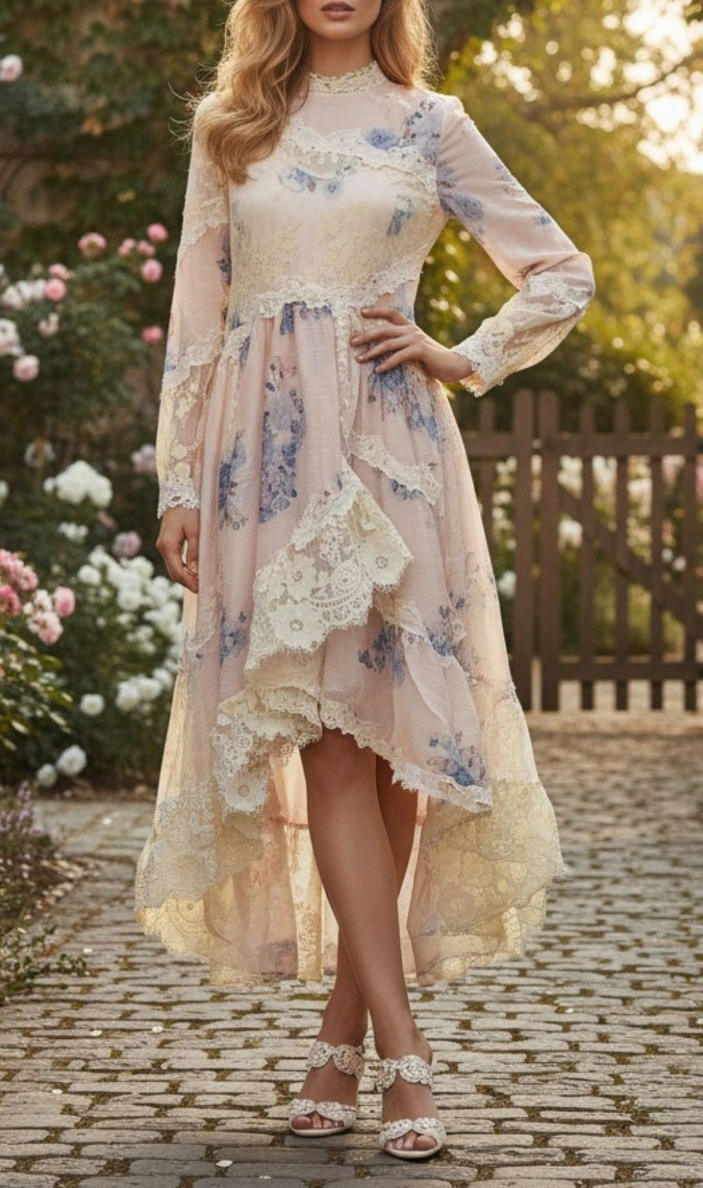 Kameelah Romantic Floral Lace High-Low Maxi Dress | Elegant Long Sleeve Gown