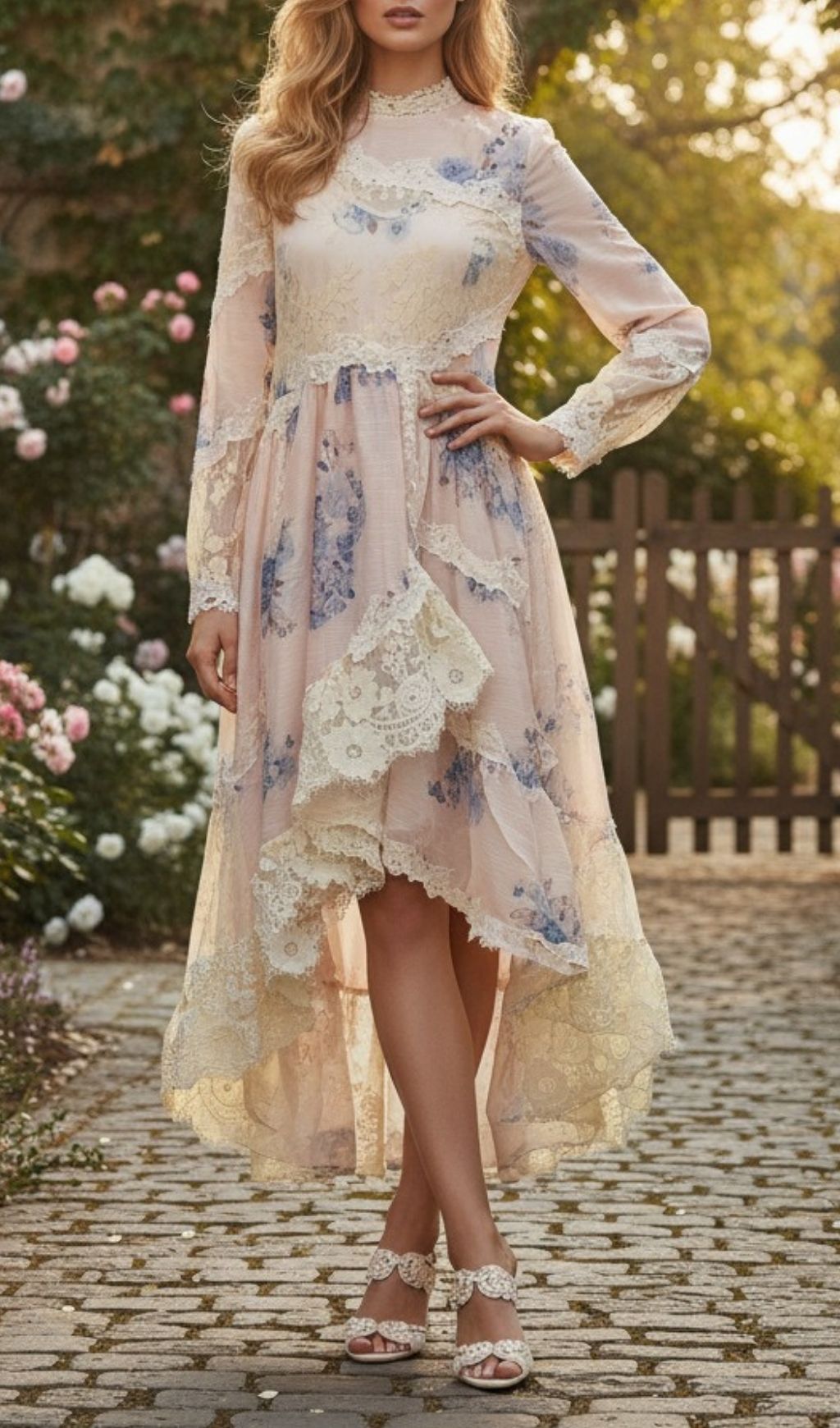Kameelah Romantic Floral Lace High-Low Maxi Dress | Elegant Long Sleeve Gown