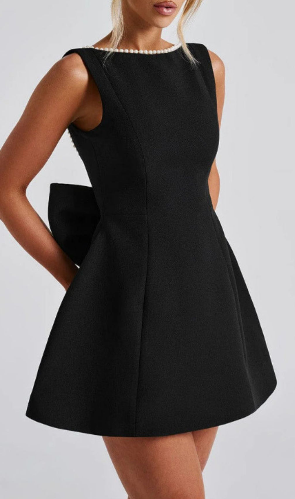 Eimear Black Satin Pearl Bow Backless Mini Dress
