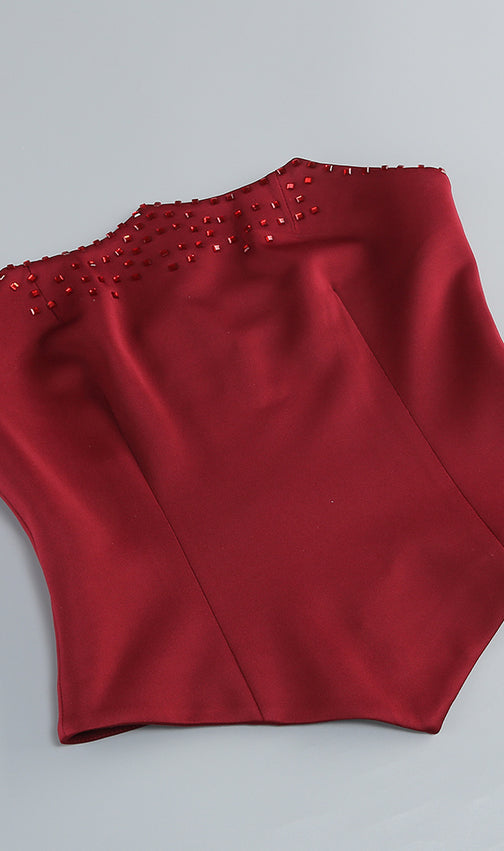 Isley Red Dazzling Embellished Strapless Corset Top & Maxi Skirt Set