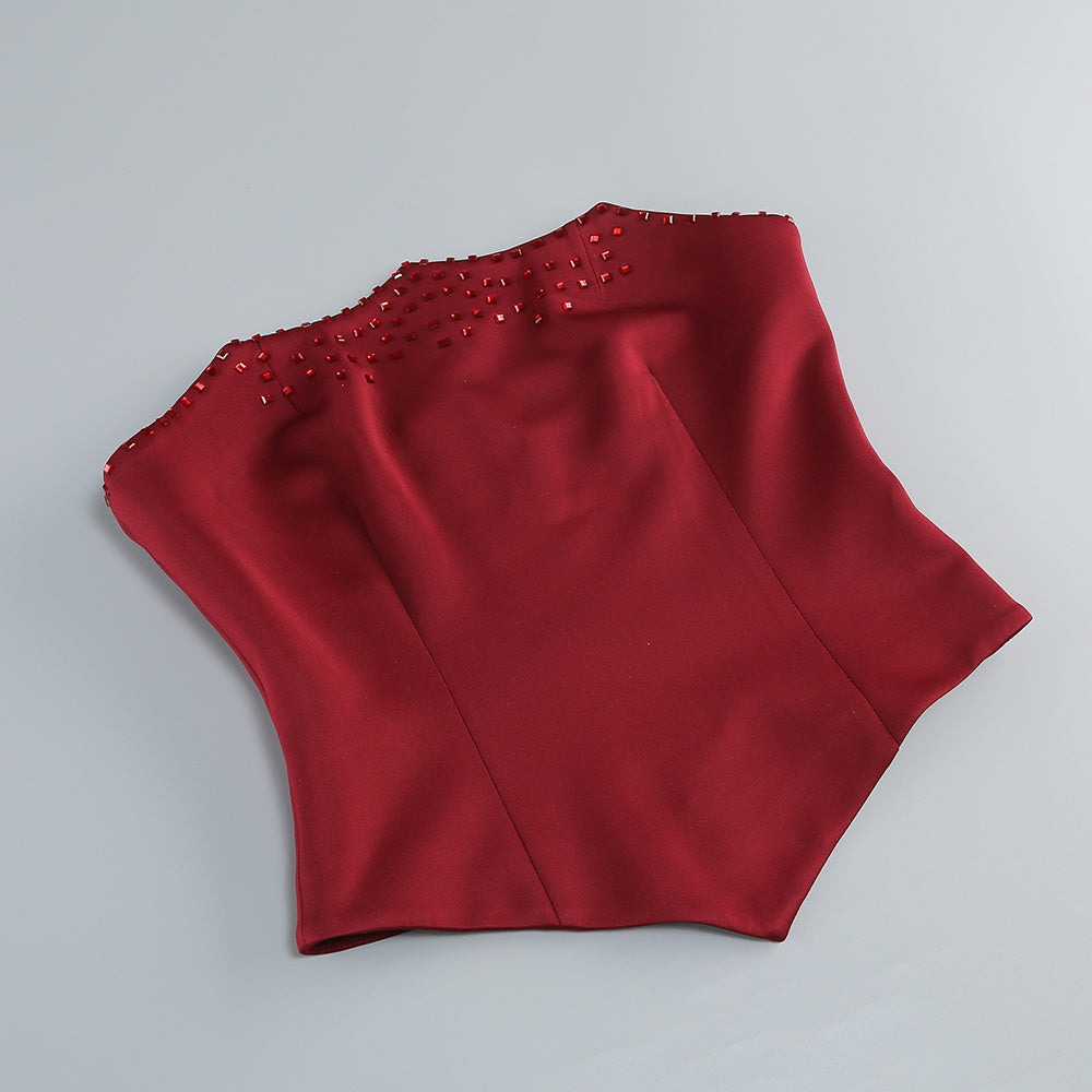 Isley Red Dazzling Embellished Strapless Corset Top & Maxi Skirt Set