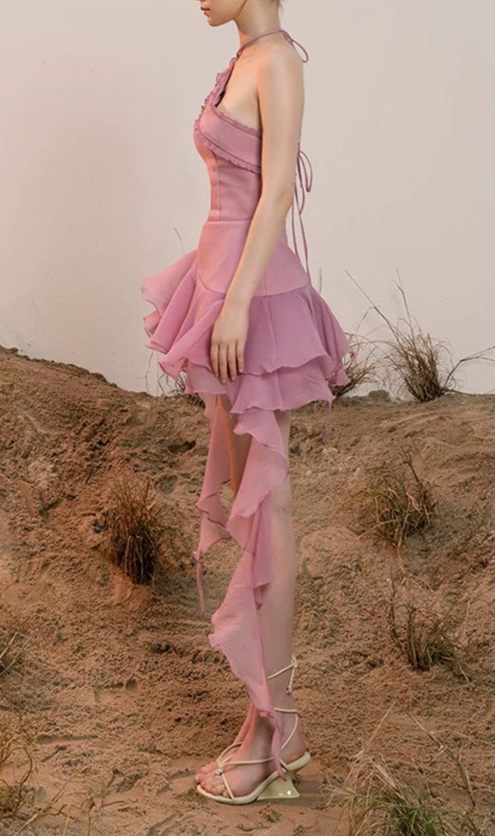 Devaki Pink Halter Ruffle Hem Mini Dress