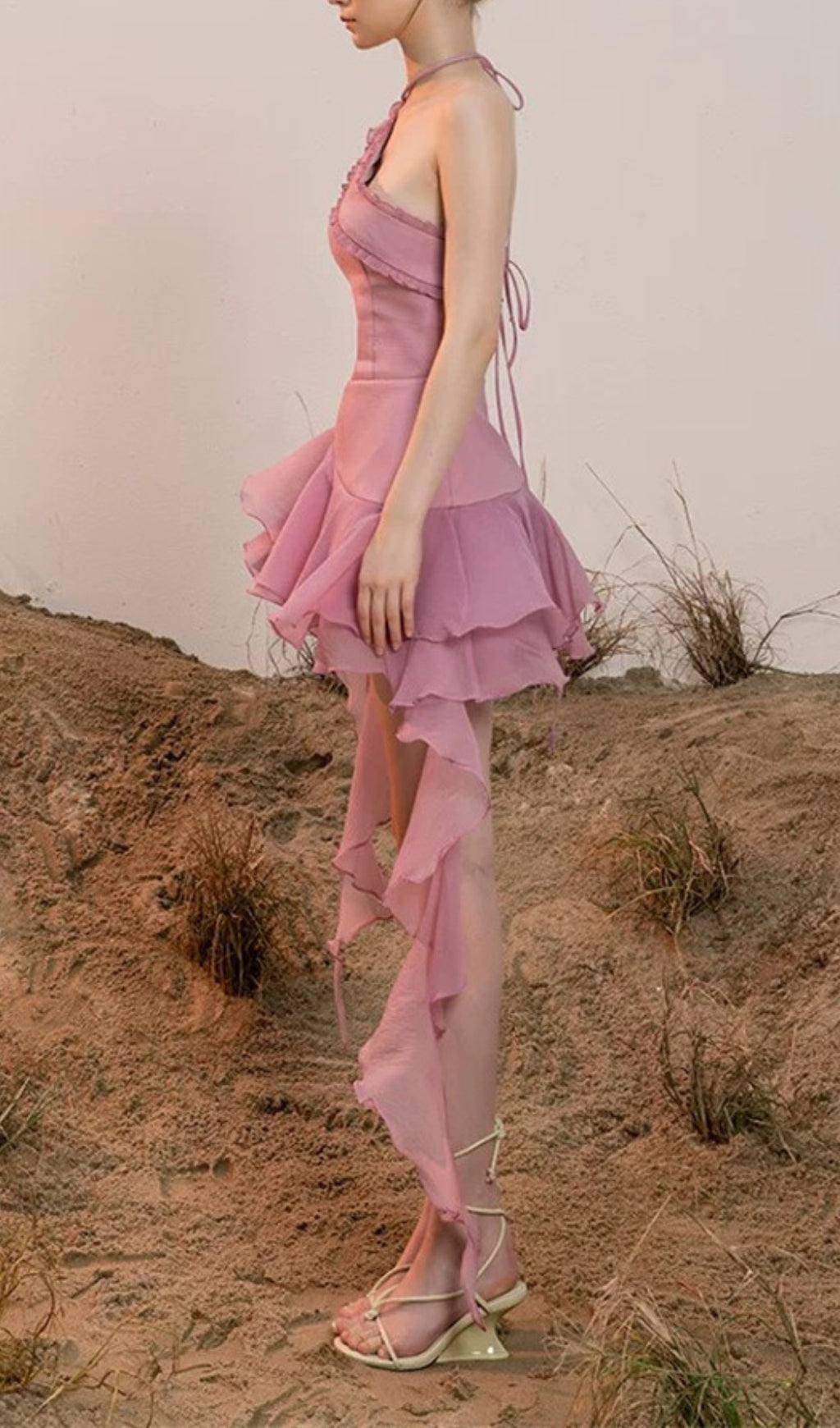 Devaki Pink Halter Ruffle Hem Mini Dress