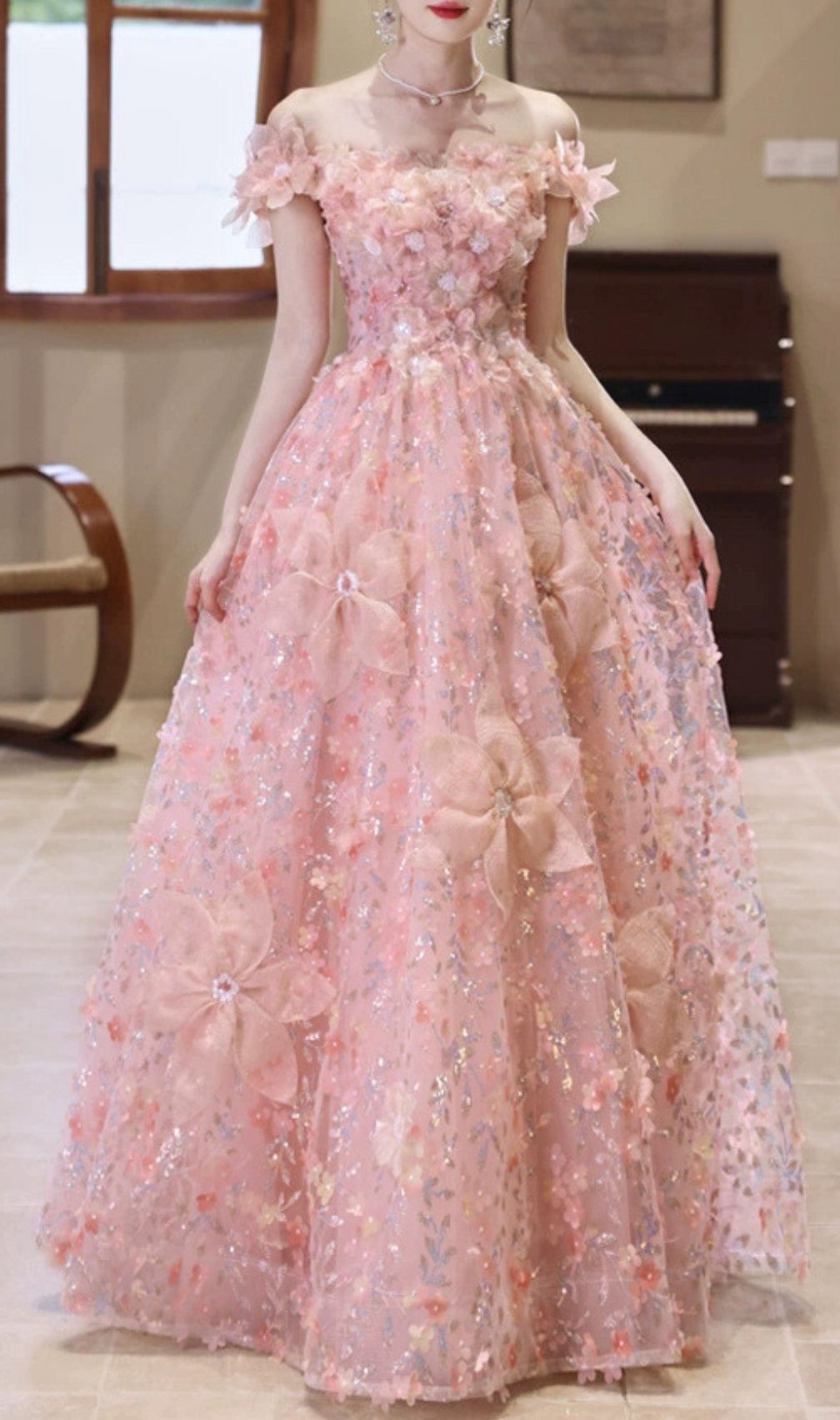 Harmony Pink Flower Sequin Maxi Dress