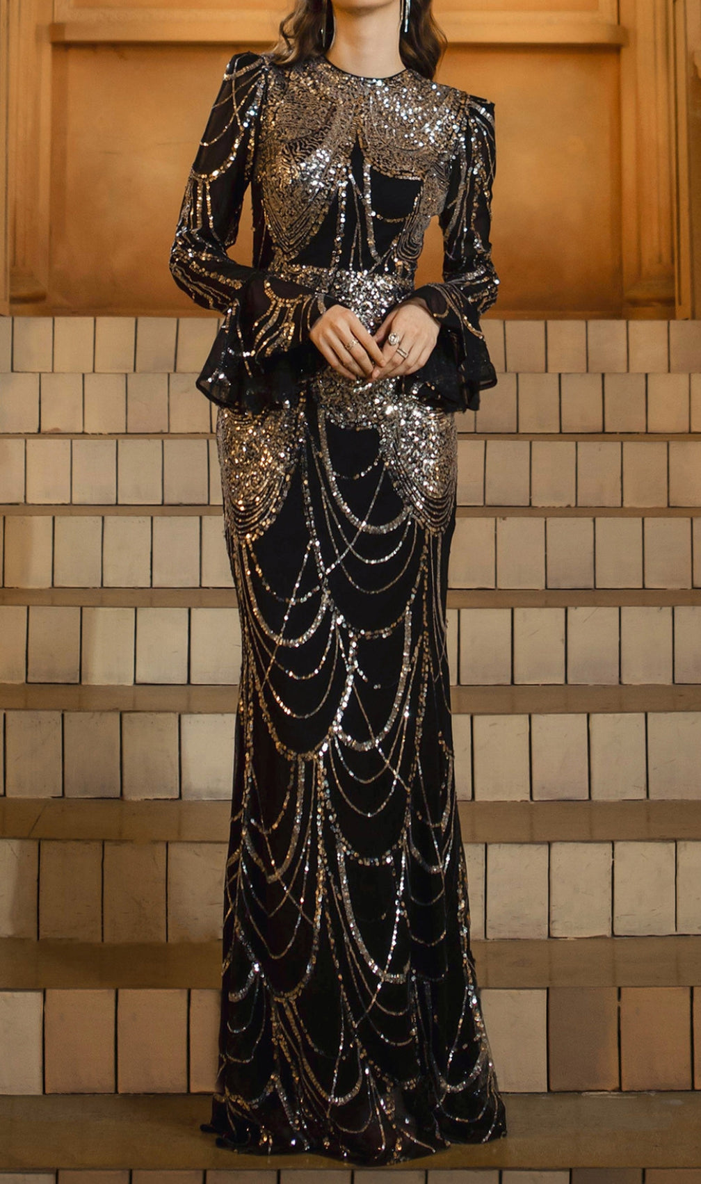 Disco Black Long Sleeve Sequin Maxi Dress