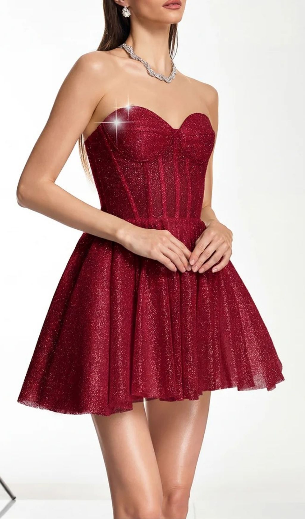 Darda Strapless Glitter Corset Mini Dress - Wine Red Party Glam