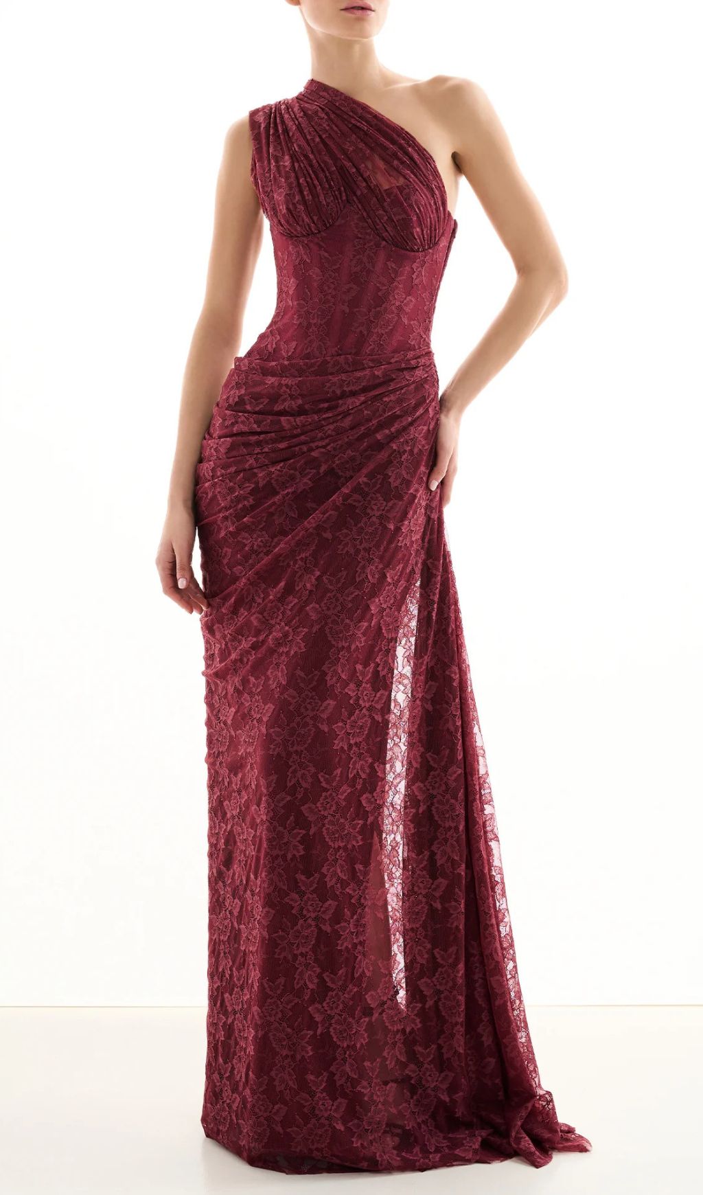 JoJo Wine Lace One-Shoulder Corset Maxi Dress - Elegant Evening Gown