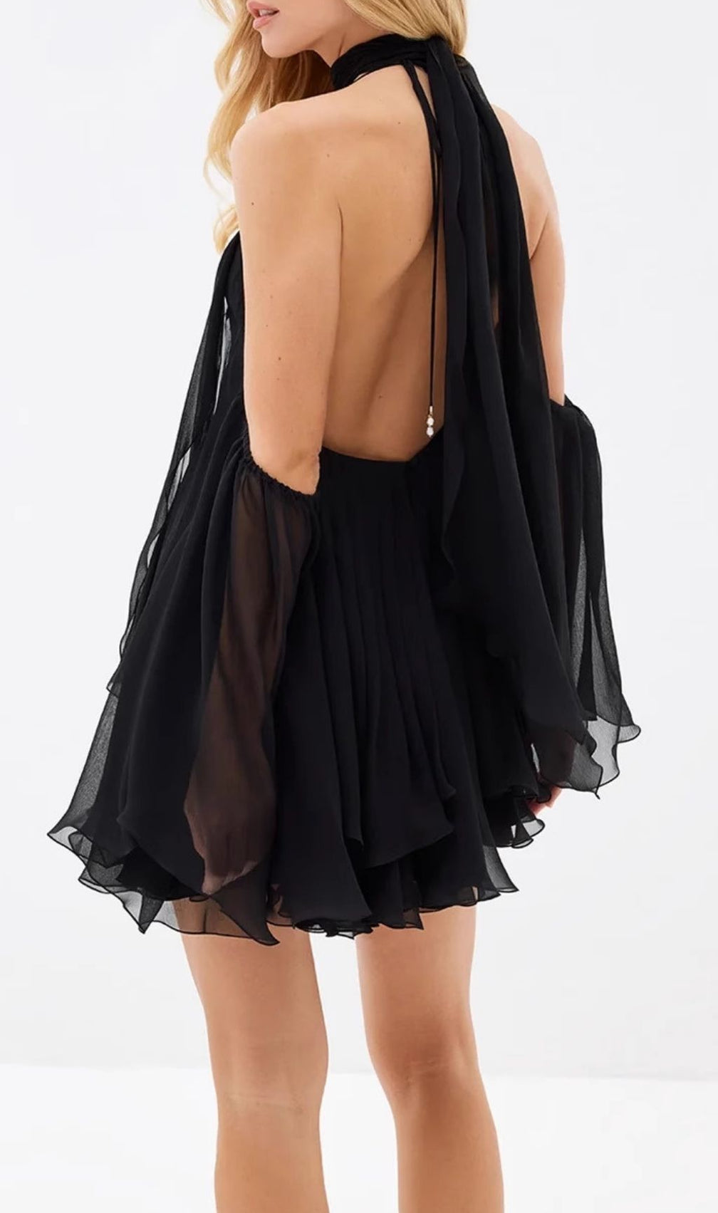 Karyn Black Halter Mini Dress - Open Back, Sheer Sleeves & Ruffle Hem