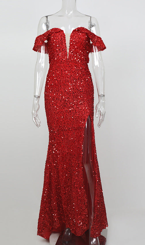 Argyle Red Off-Shoulder Sequin Dress