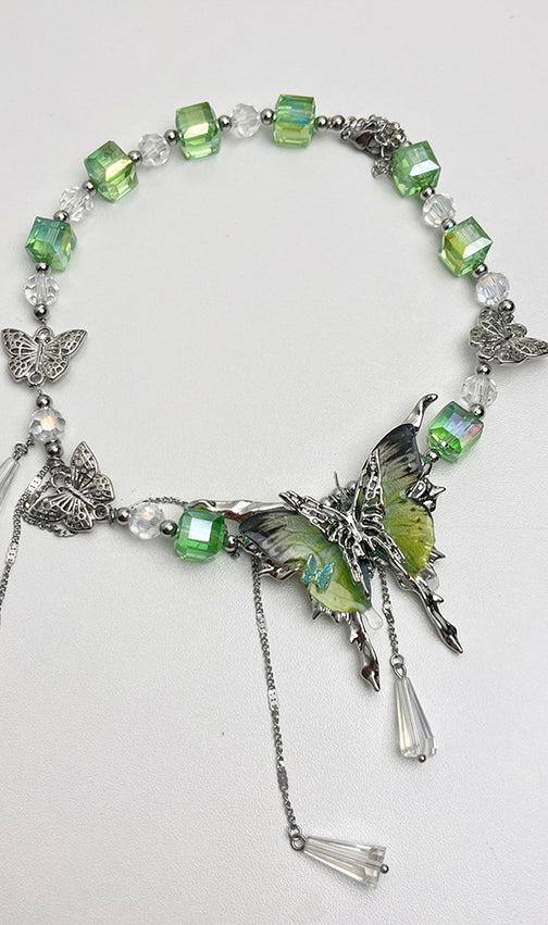 Khloe Enchanting Butterfly & Teardrop Tassel Choker Necklace - Whimsical Green Charm