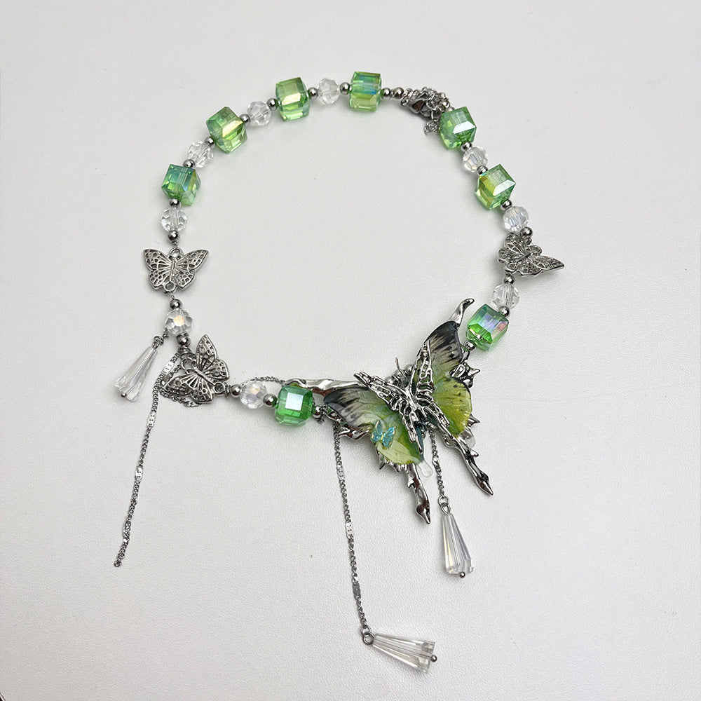 Khloe Enchanting Butterfly & Teardrop Tassel Choker Necklace - Whimsical Green Charm
