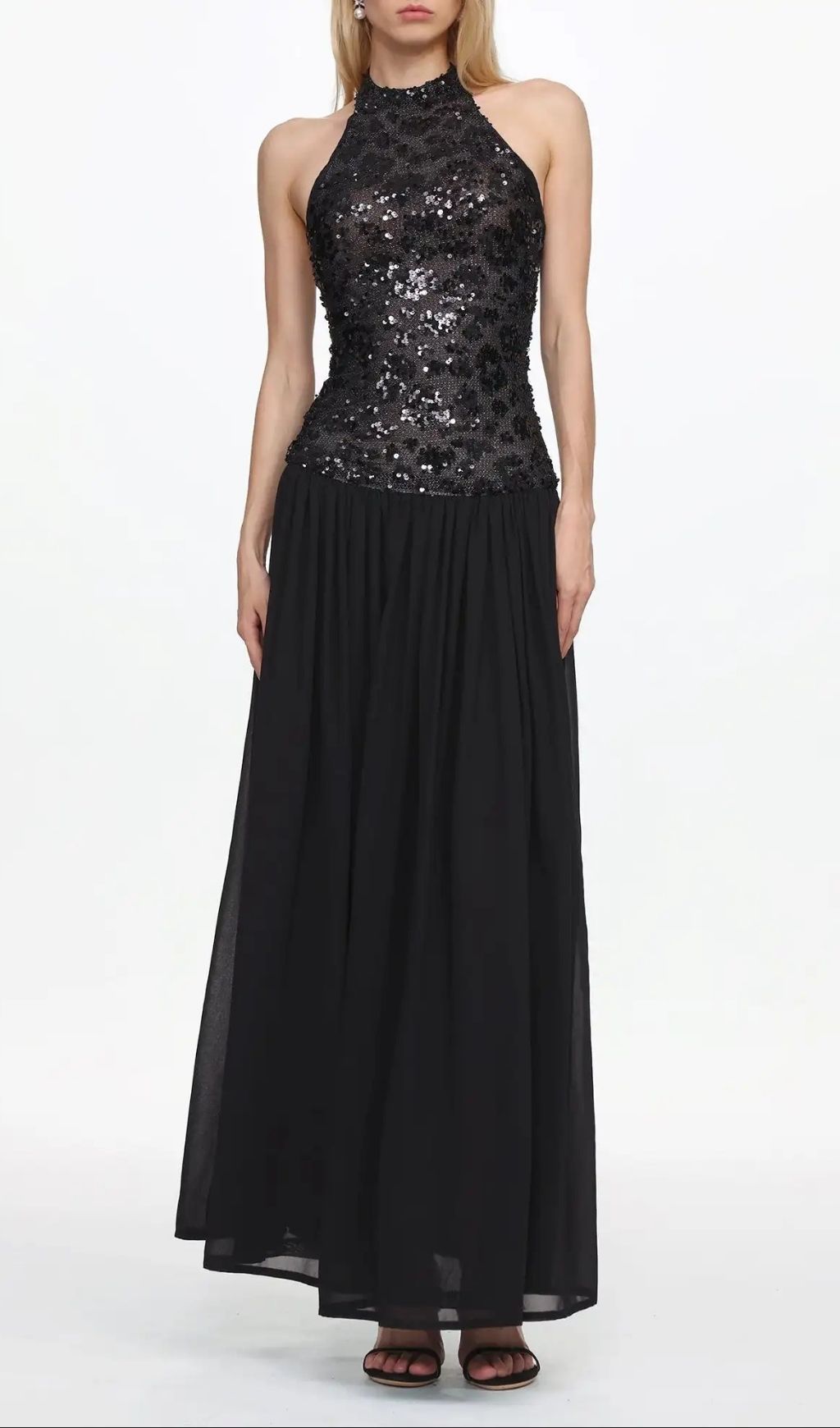 Encho Halter Ruched Mesh Sequin Maxi Dress