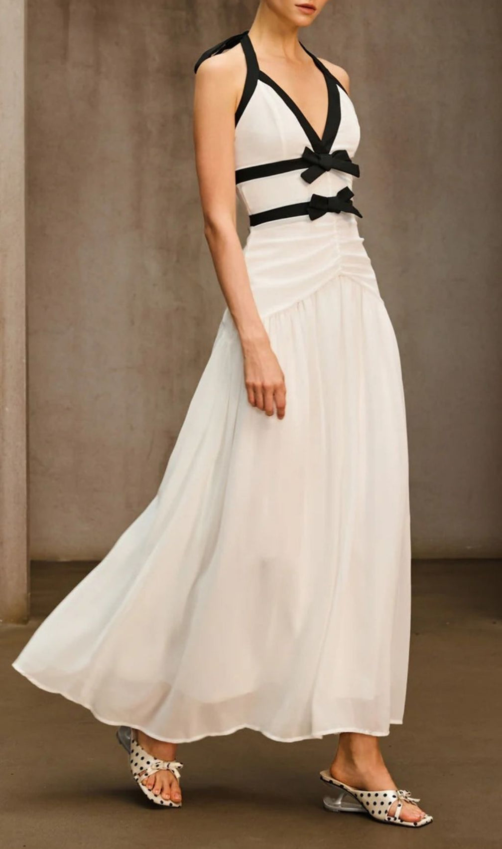 Ovelixor V Neck Bow Ruched Maxi Dress