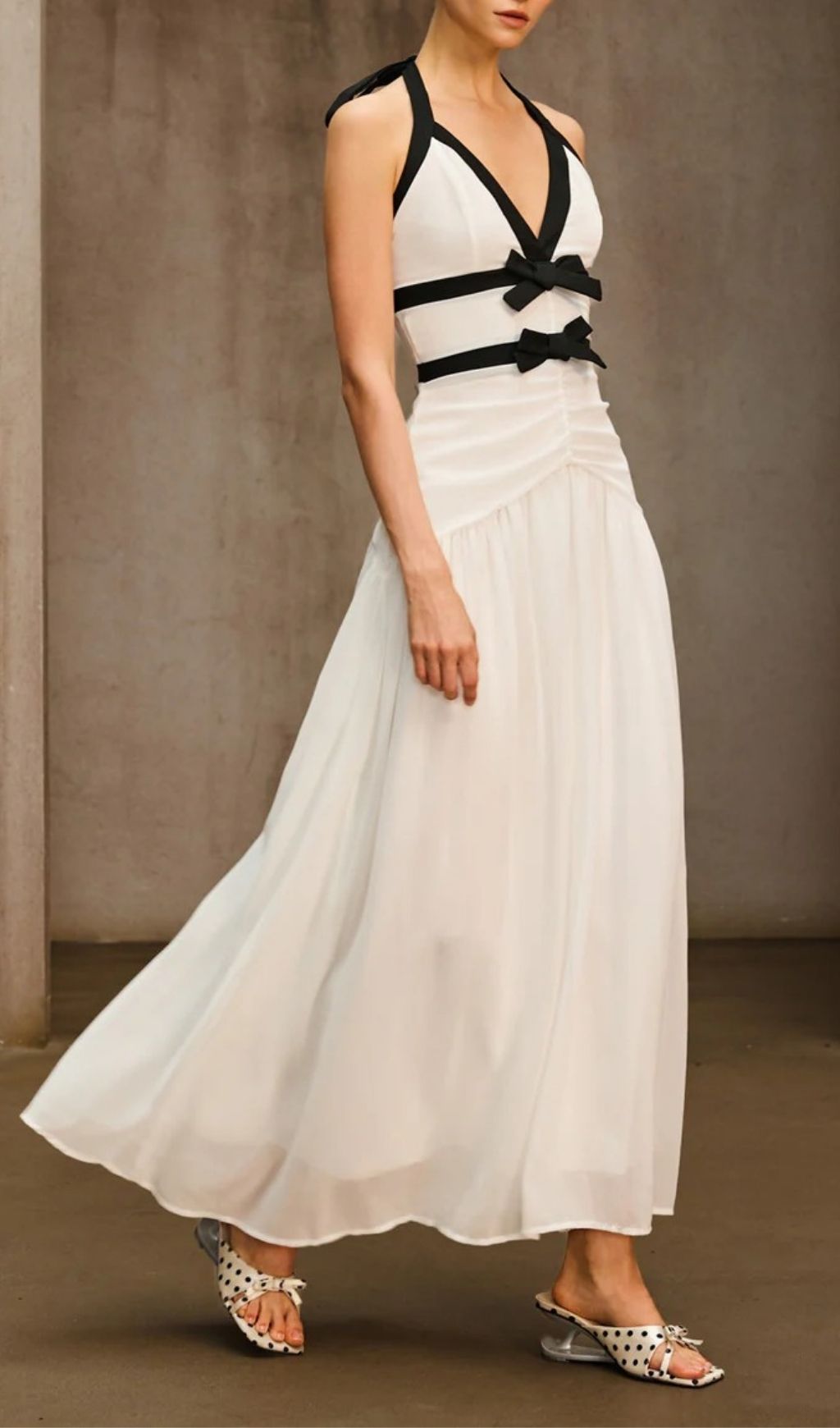 Ovelixor V Neck Bow Ruched Maxi Dress