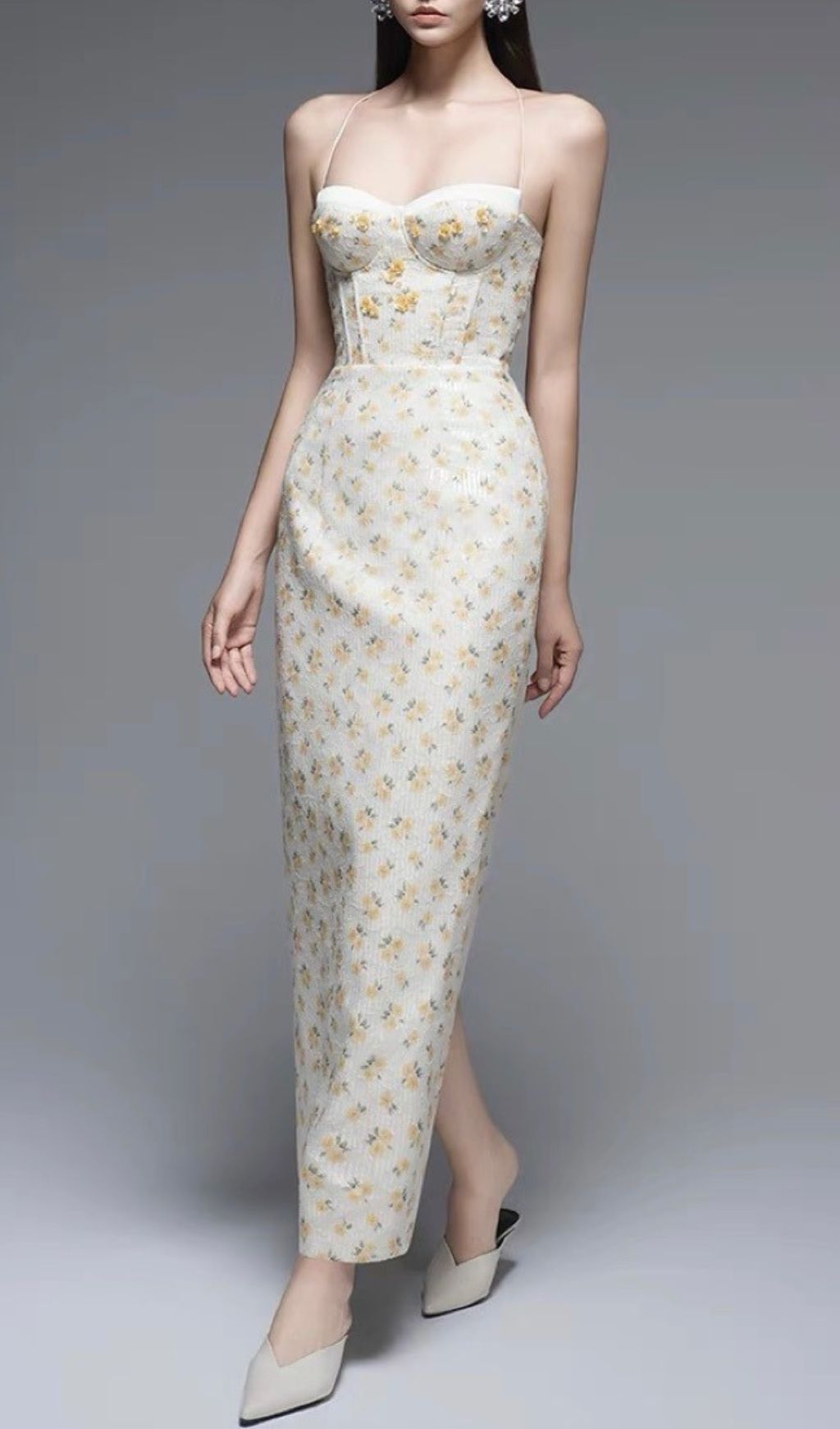 Galya Flower Embellished Corset Sequin Maxi Dress