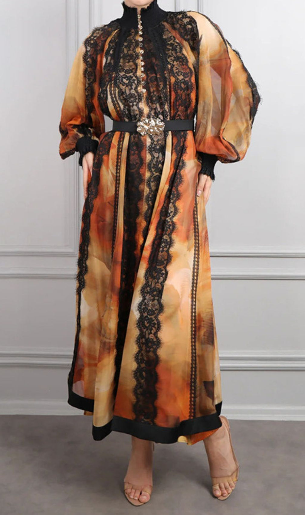 Elegant Imari Lace & Print Midi Dress | Romantic Long Sleeve Women's Gown